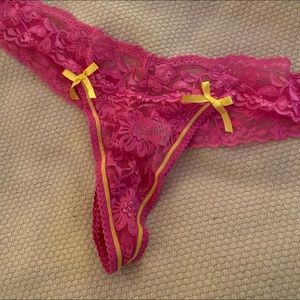 Hot pink with yellow ribbon trim